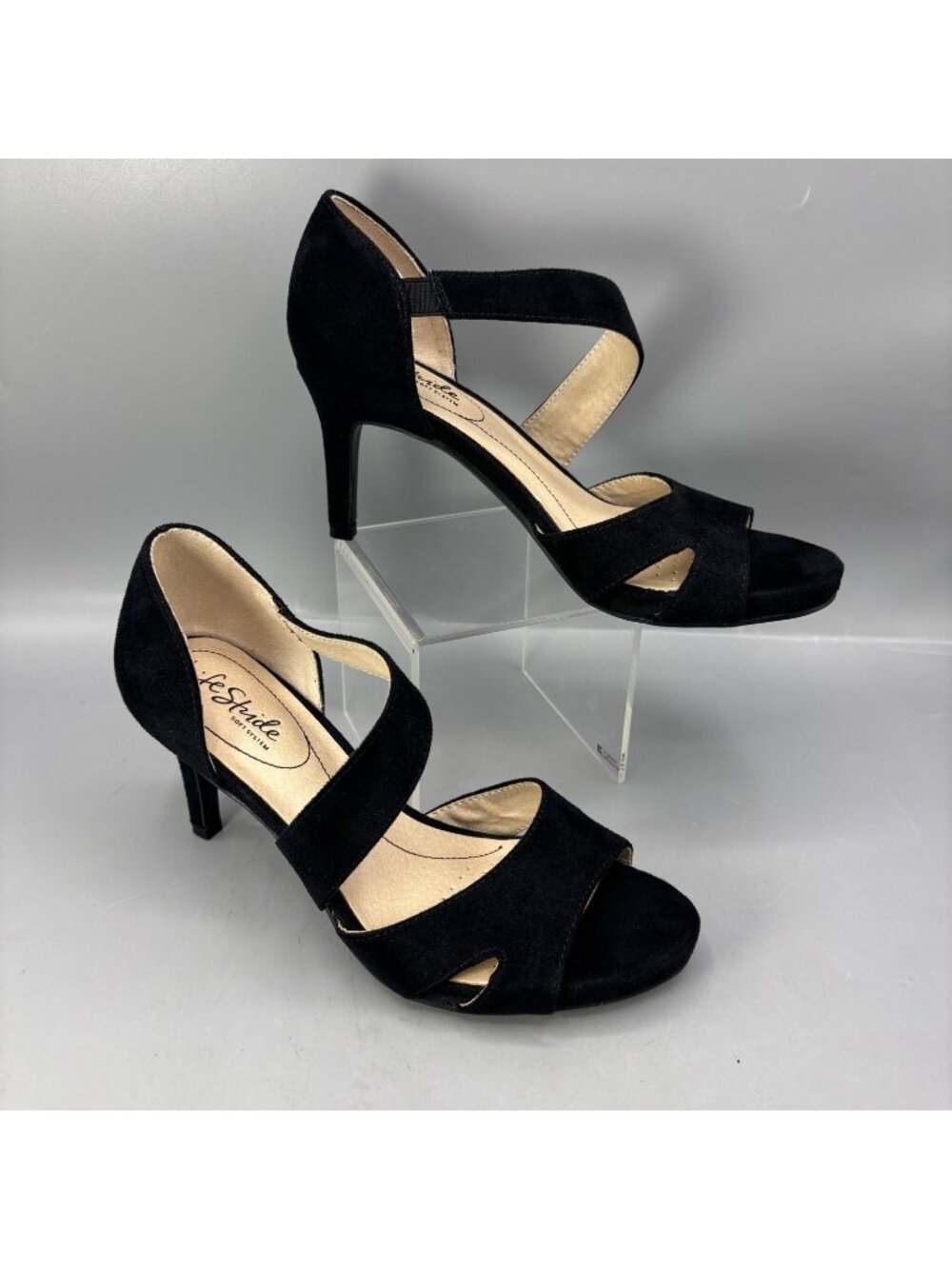 LifeStride Mega Sandals Womens 7 Black Suede Open Toe Slip On Stiletto Heel